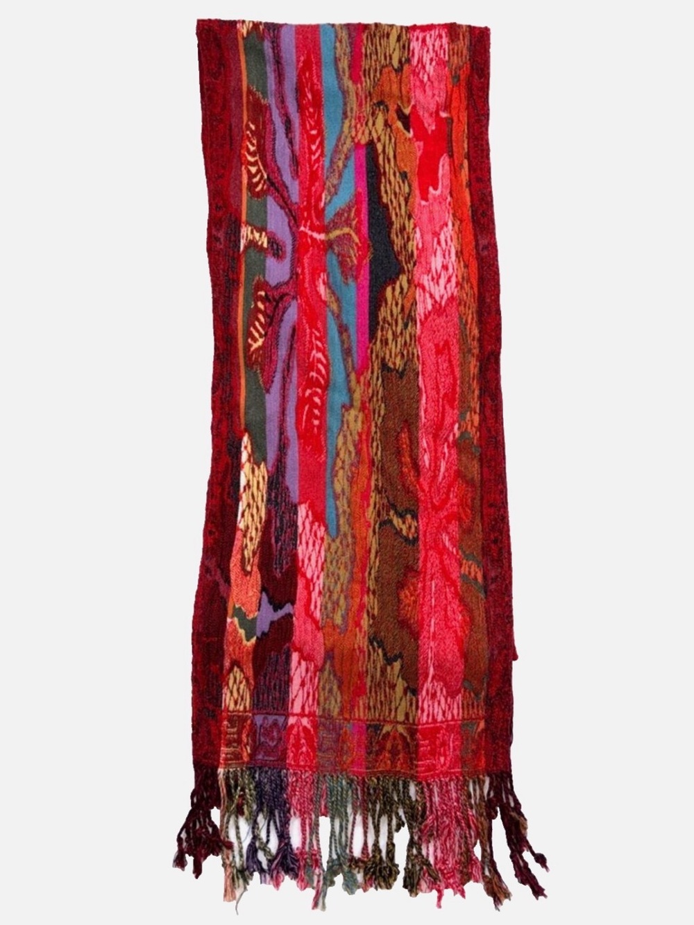 Silk Viscose Fringe Scarf Wrap Shawl Red Multicolor Boho Festival Lightweight - Picture 2 of 8